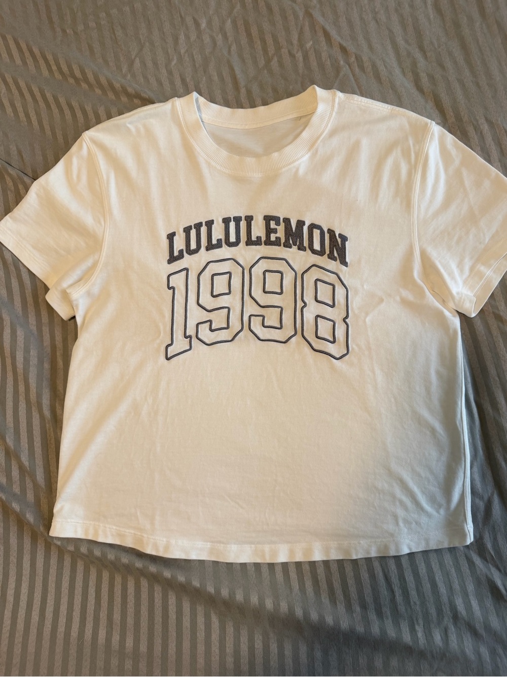 Lululemon athletica Woman’s White Tee with avy '1998' Graphic